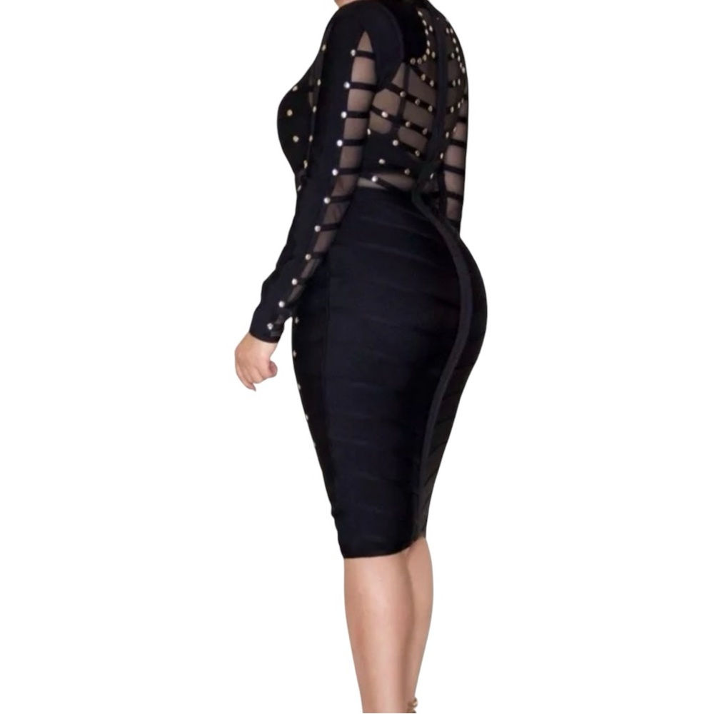 NWT Jainmy Martinez Gracie Studded Long Sleeve Mesh Bandage Dress - Picture 2 of 9